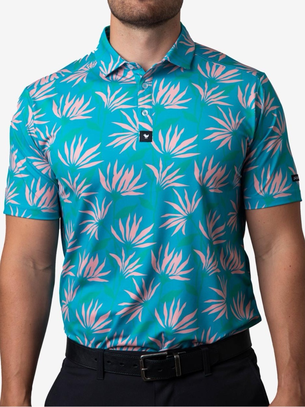 Bad Birdie Men's Golf Polo Teal Pink Palm Print - Size L